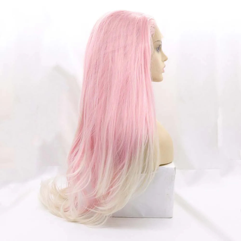 A pink gradient fashion wig with big, fluffy waves, made from high temperature wire.