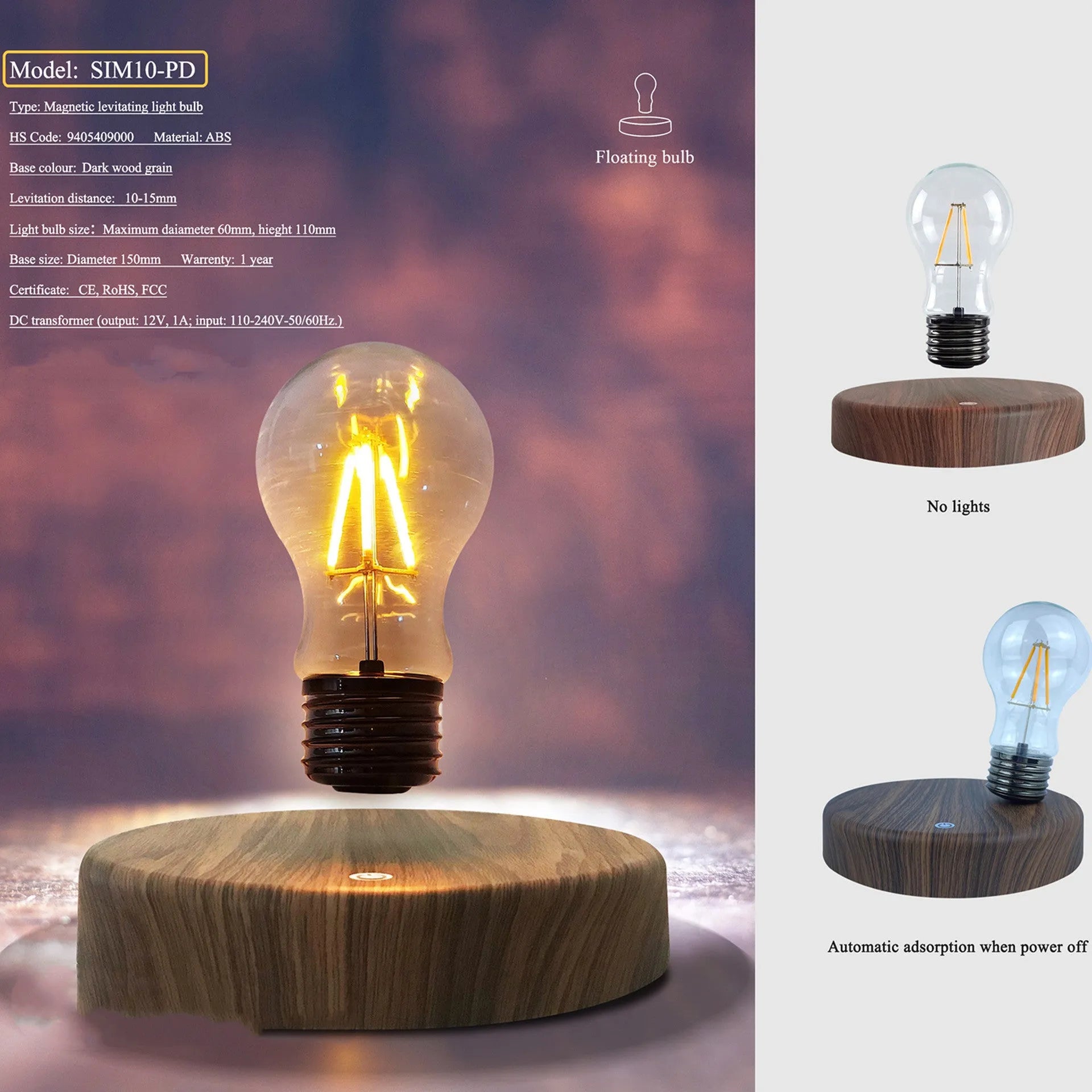 Magnetic levitation desk lamp with floating bulb on a solid wood colour base.