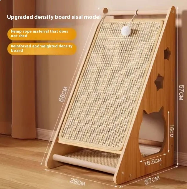 Vertical wall-mounted cat scratch board with sisal surface and hemp rope teasing ball
