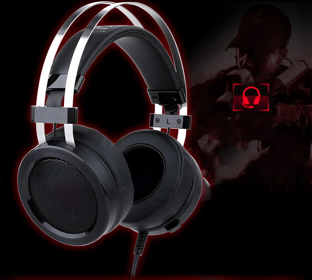 Black wired computer gaming headset with over-ear design and 3.5mm connector