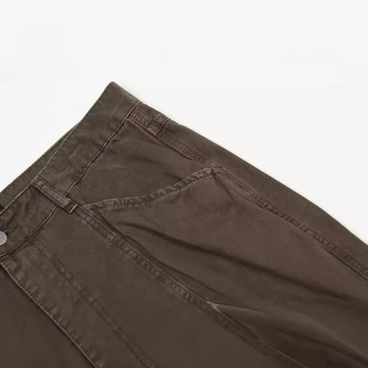 Men's brown loose straight leg cotton trousers with high waist and zipper fly