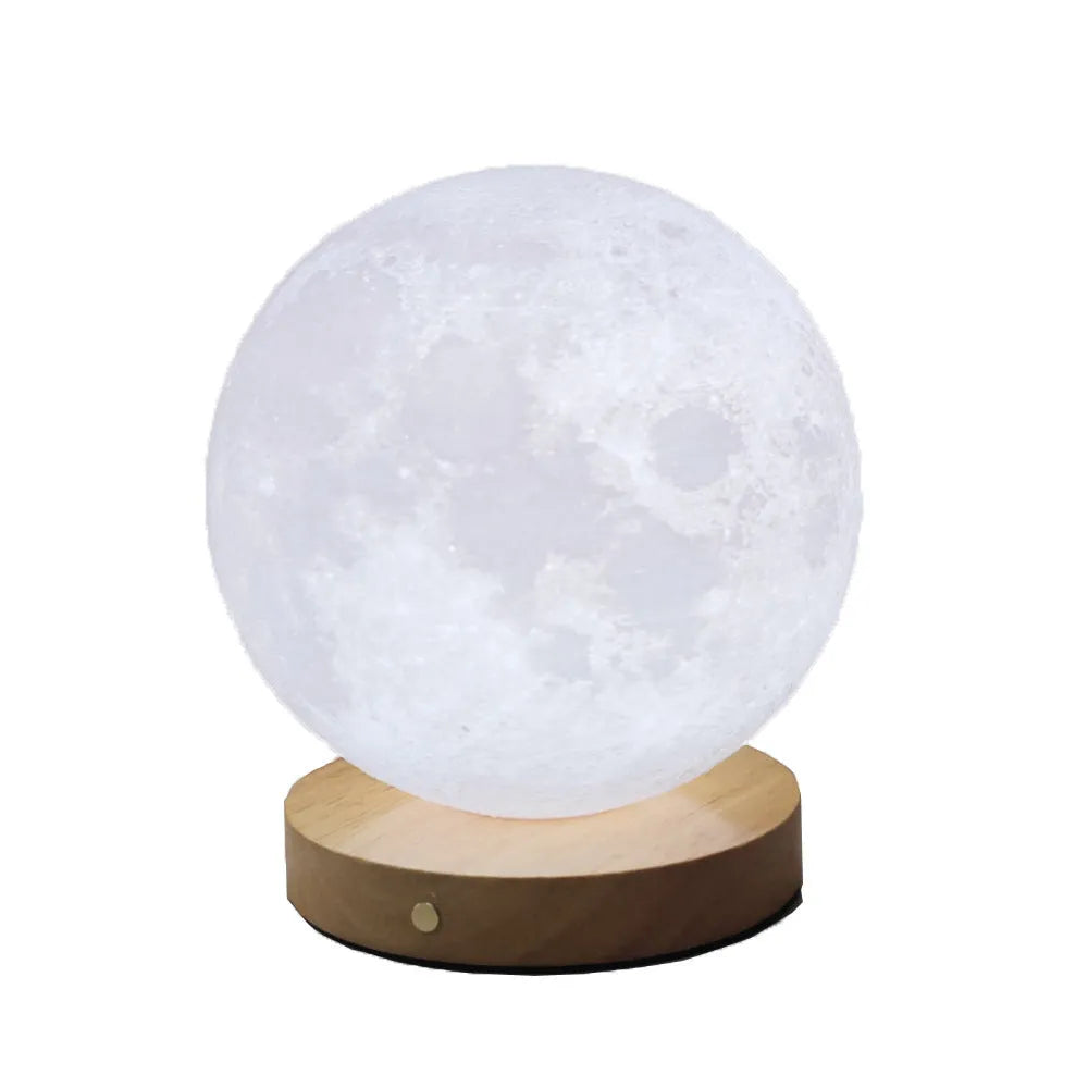 Rotating sleeping moon night lamp with wooden base in Nordic style