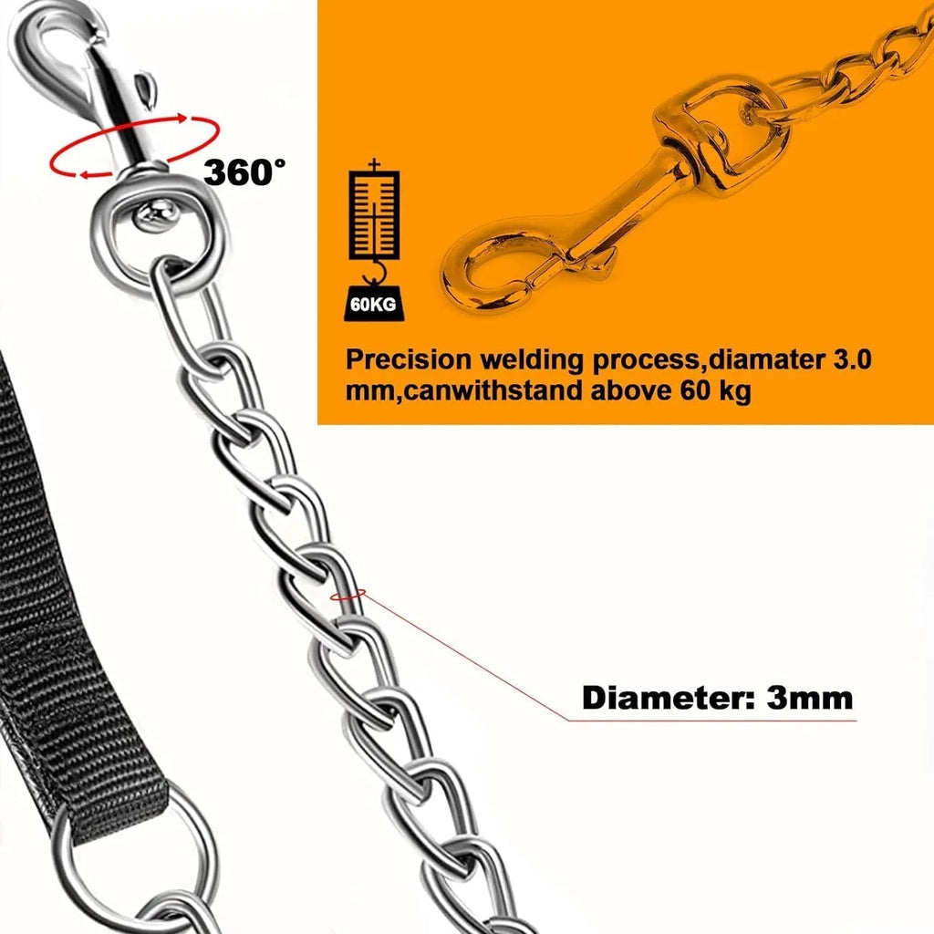 Heavy duty metal dog chain leash with a soft black padded handle.
