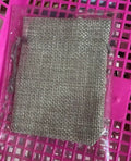 Drawstring linen jewellery bag with rope closure, shown as a mini sack pouch in 15x20cm and 7x9cm sizes