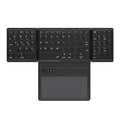 Black B055 Bluetooth folding keyboard with large touchpad and Type-C, folded and unfolded views