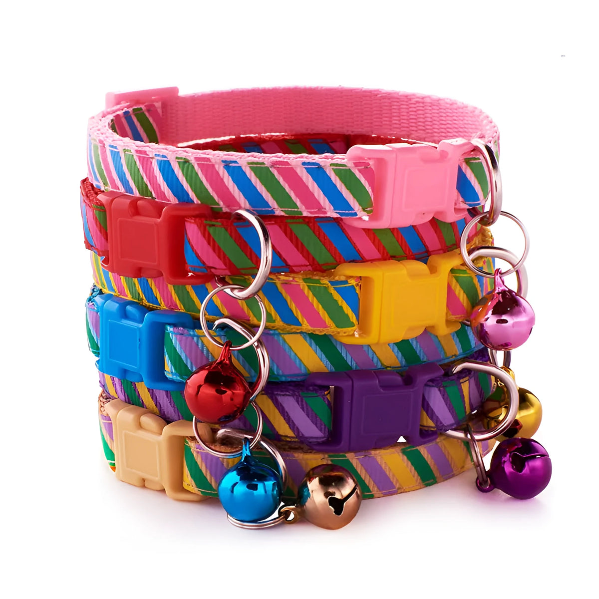 Twill printed PP pet collar with bell, 1.0cm wide, 19-32cm adjustable, shown in six colours