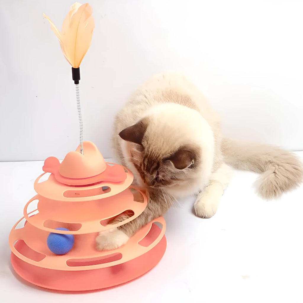 Cat toy space tower play board with PP turntable and funny cat stick in green or pink