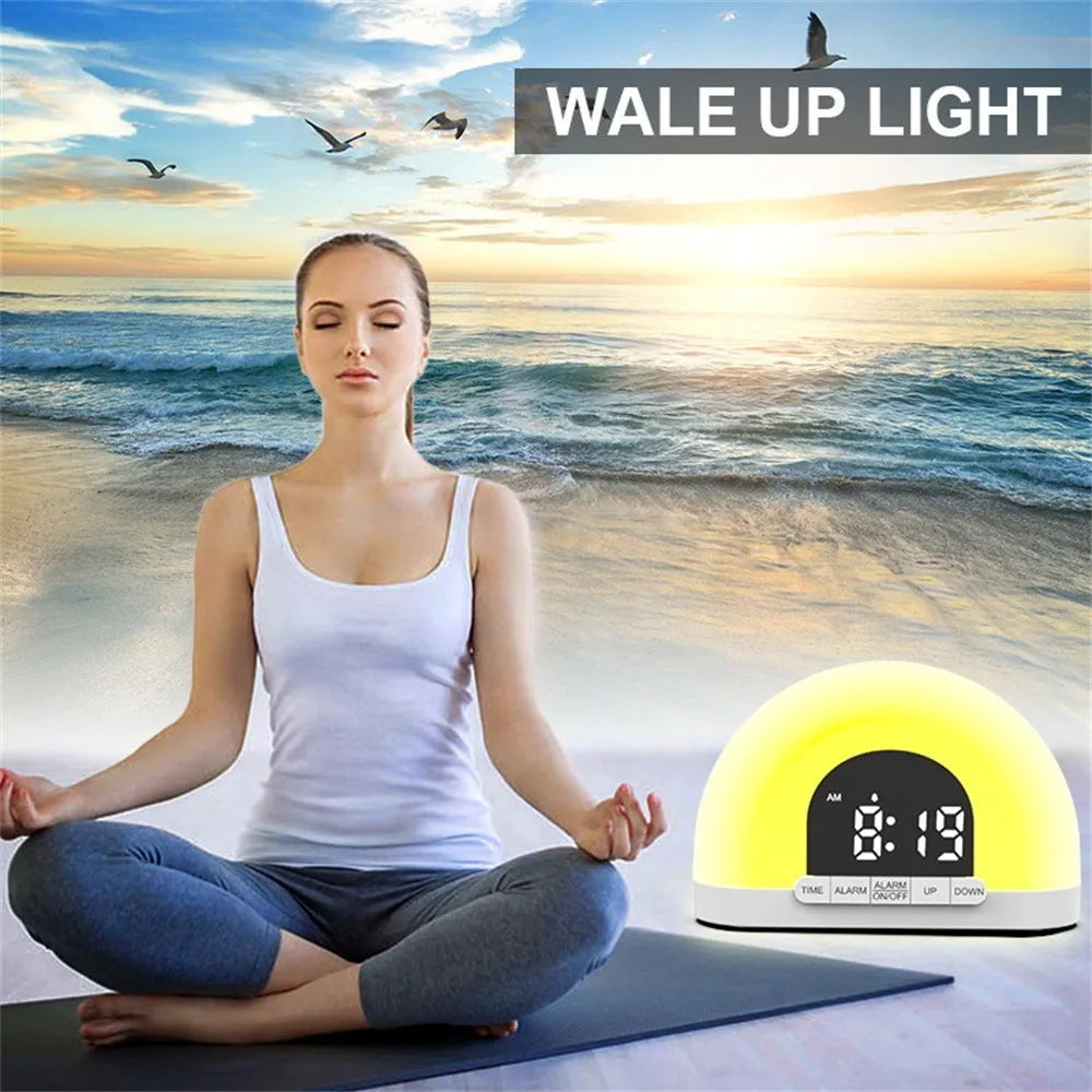 White display simulated sunrise alarm clock with ABS shell and DC cable on a bedside table