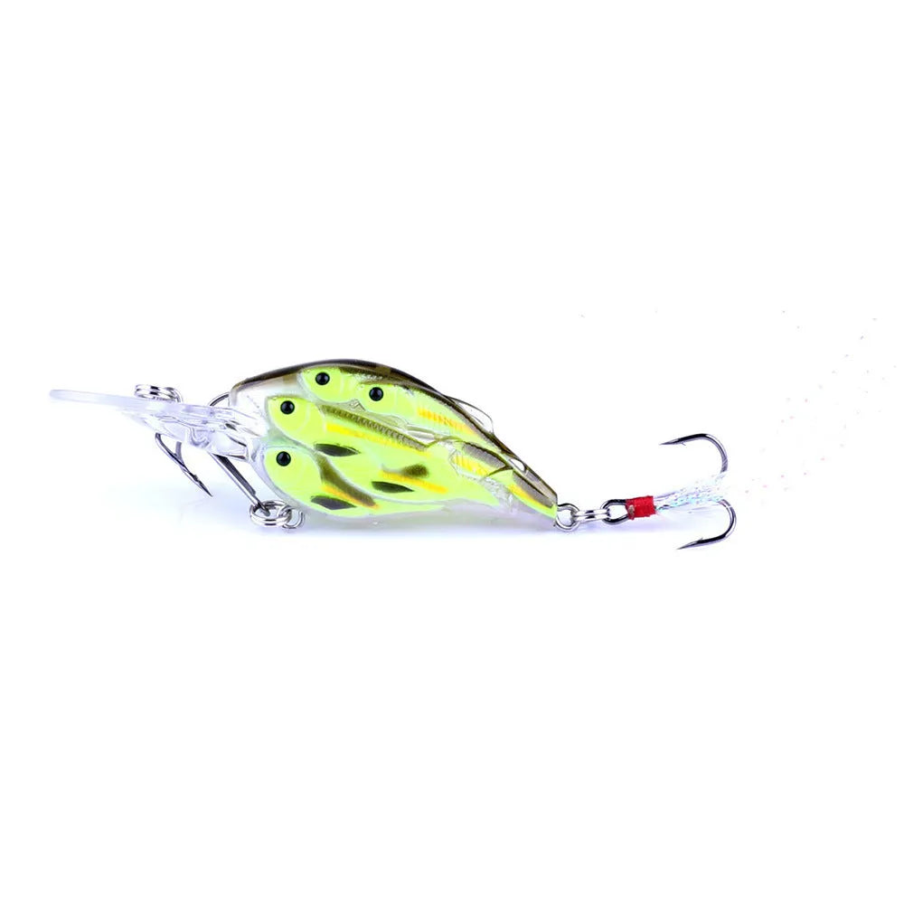 Set of nine multi-colour ABS plastic hard bait fishing lures with feather hooks.