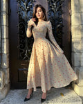 Women's floral print maxi dress, long sleeve, high waist, lace-up tie, black grey green apricot white
