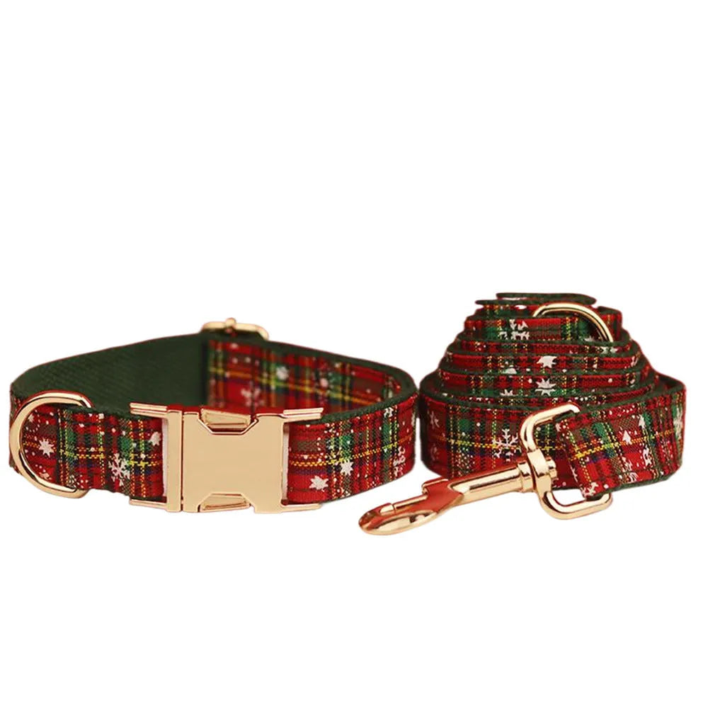 Green background snowflake Christmas pet collar set with leash, bow, and vest
