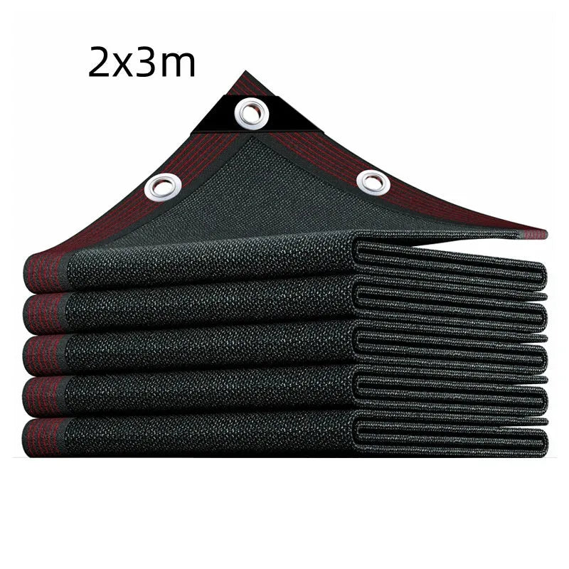 Black polyethylene sunshade net with sewn hemming and reinforced cornerite, 98% shading rate, sizes 2x2m to 3x6m