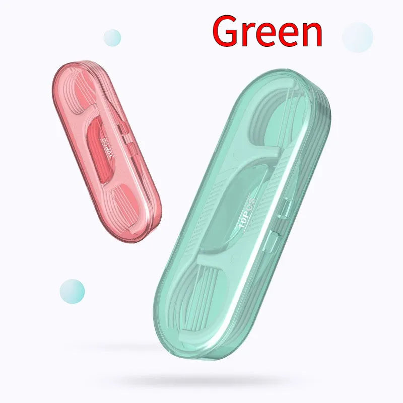 Disposable plastic dental floss bags with independent packaging, showing 100 pack offer and 180 x 238 mm size.