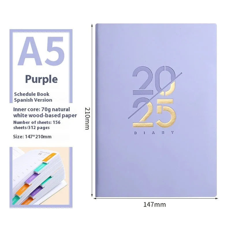 A5 2025 daily planner notebook with soft faux leather cover in multiple colours, open to show lined pages.