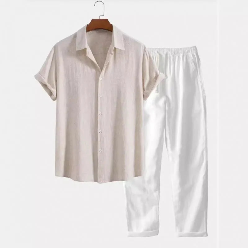 Men's loose fit short sleeve shirt and trousers suit in linen-look fabric.