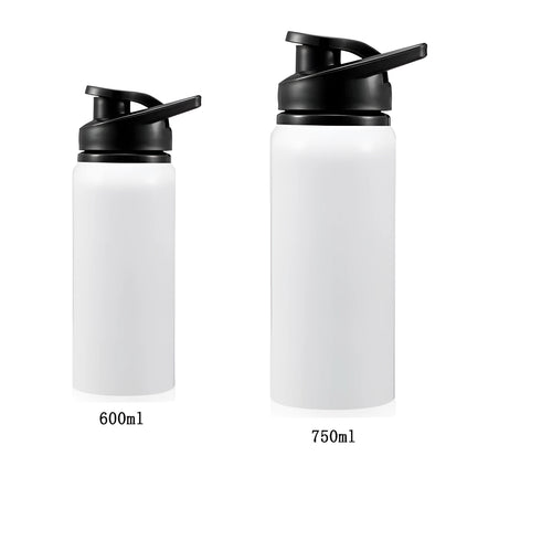 White aluminium sports water bottle with leak-proof lid, shown in 600ml and 750ml capacities for cycling and running.