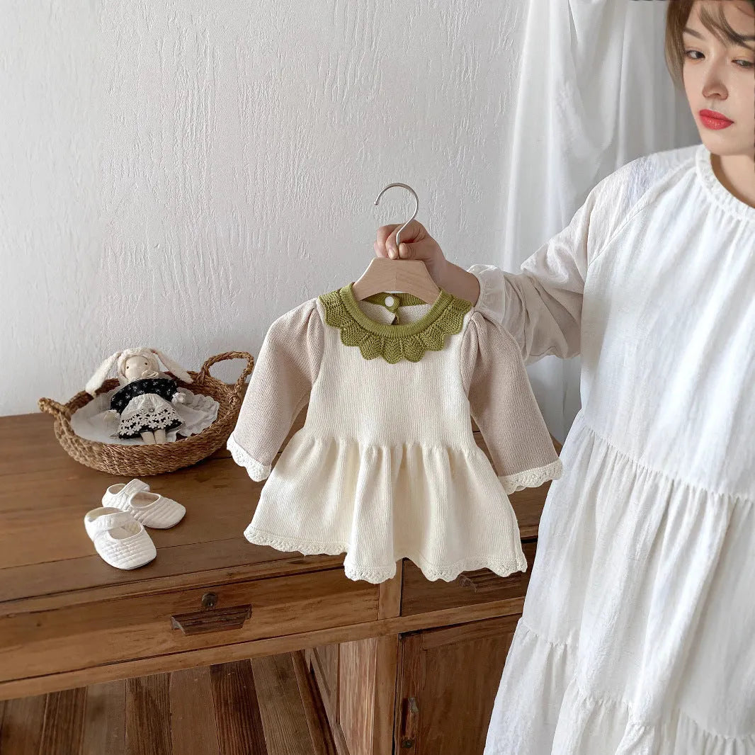 Cotton knitted dress skirt for girls in light beige solid colour with princess design