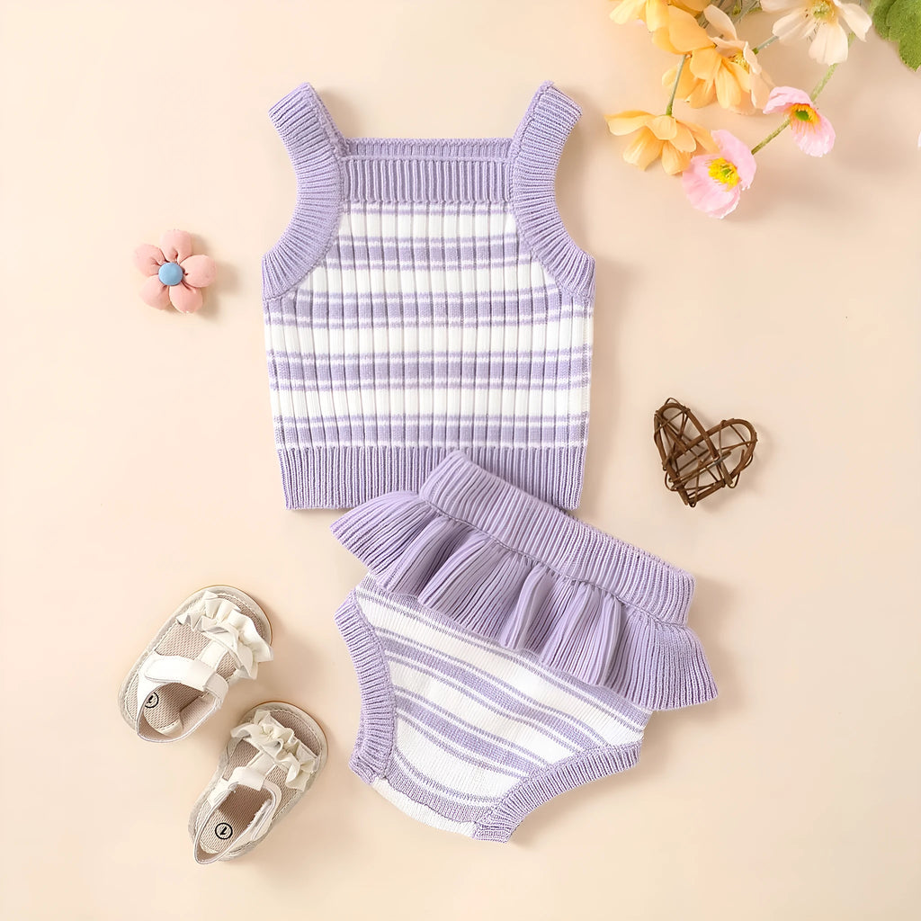 Violet flower print polyester girls two-piece casual set with top and bottom