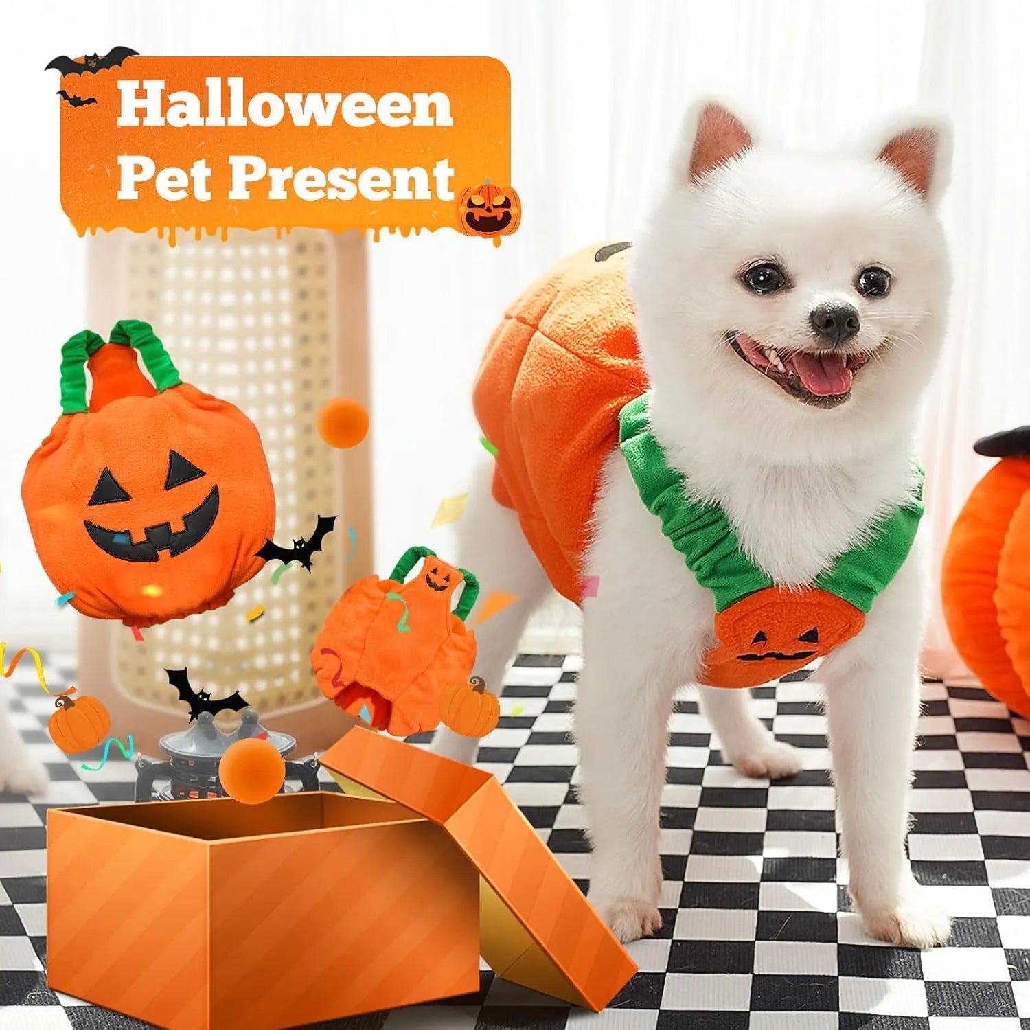 Orange plush pumpkin Halloween costume on a small dog, showing pullover design and fluffy material.
