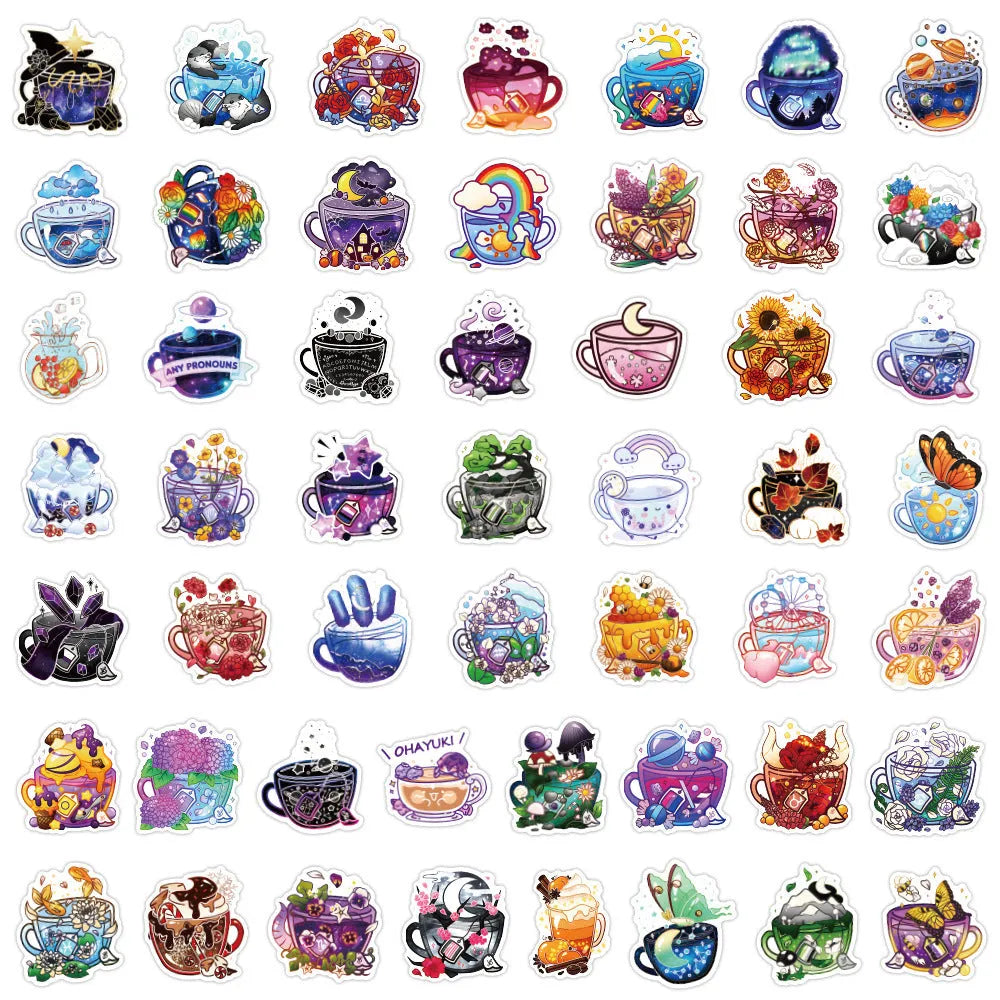 A sheet of colourful tea cup graffiti design waterproof vinyl stickers for DIY personalisation.