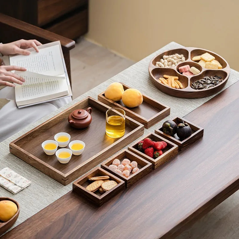 Solid wood snack candy tray in burlywood with grid options and cover for serving nuts and dried fruit