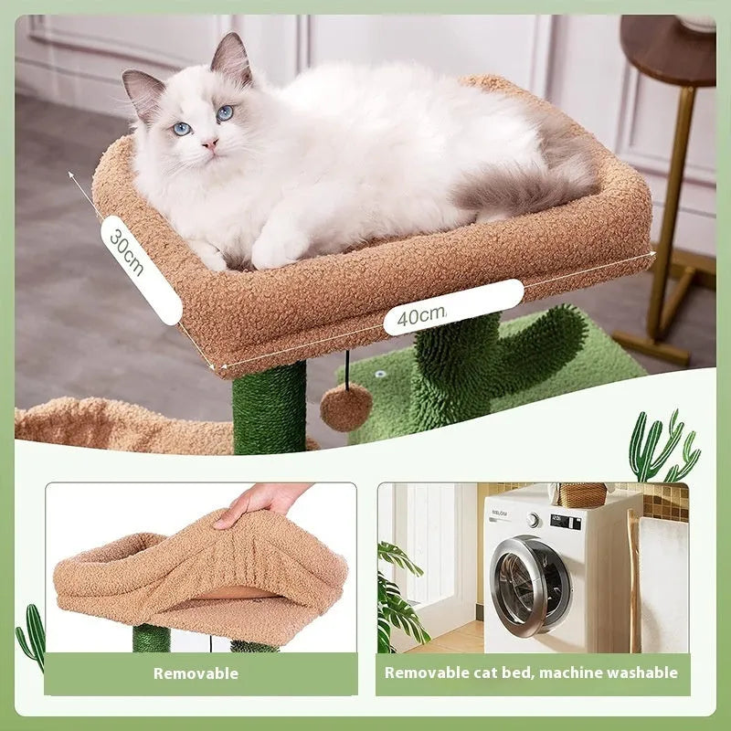 Green wooden cat climbing frame with jumping platform measuring 43x33x87cm