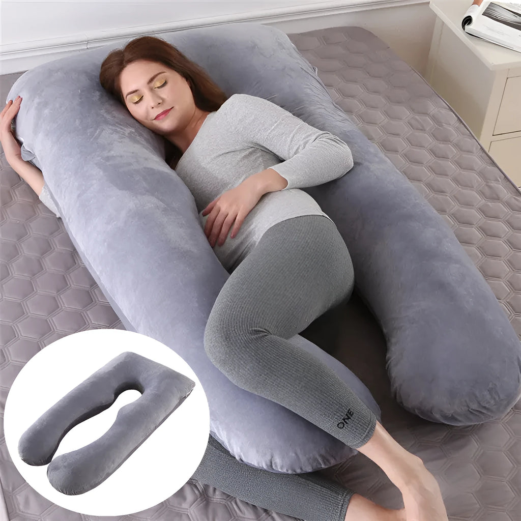 U-shaped pregnancy pillow in ice silk fabric shown in light blue colour, demonstrating its supportive shape.