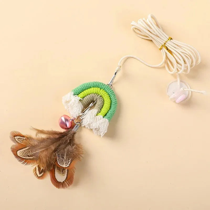 Feather cat rope door swing toy with elastic mechanism and sticky buckle clamp in blue green pink colours