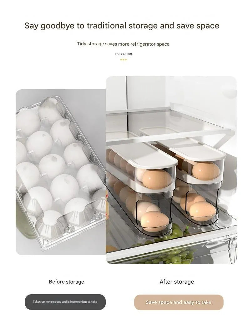 White plastic slide-out egg tray for refrigerator door with automatic dispenser and clear view window.