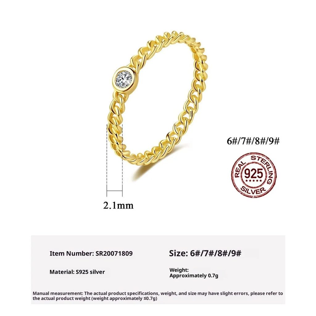 Twist gold ring in 925 sterling silver with geometric chain design, women's style, sizes 6 to 9.