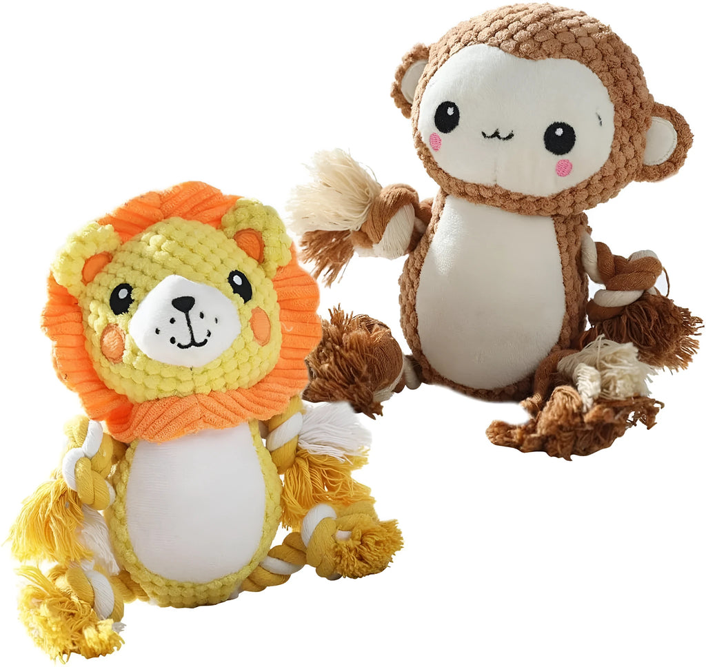 Lion and monkey plush squeaky dog toys showing size comparison