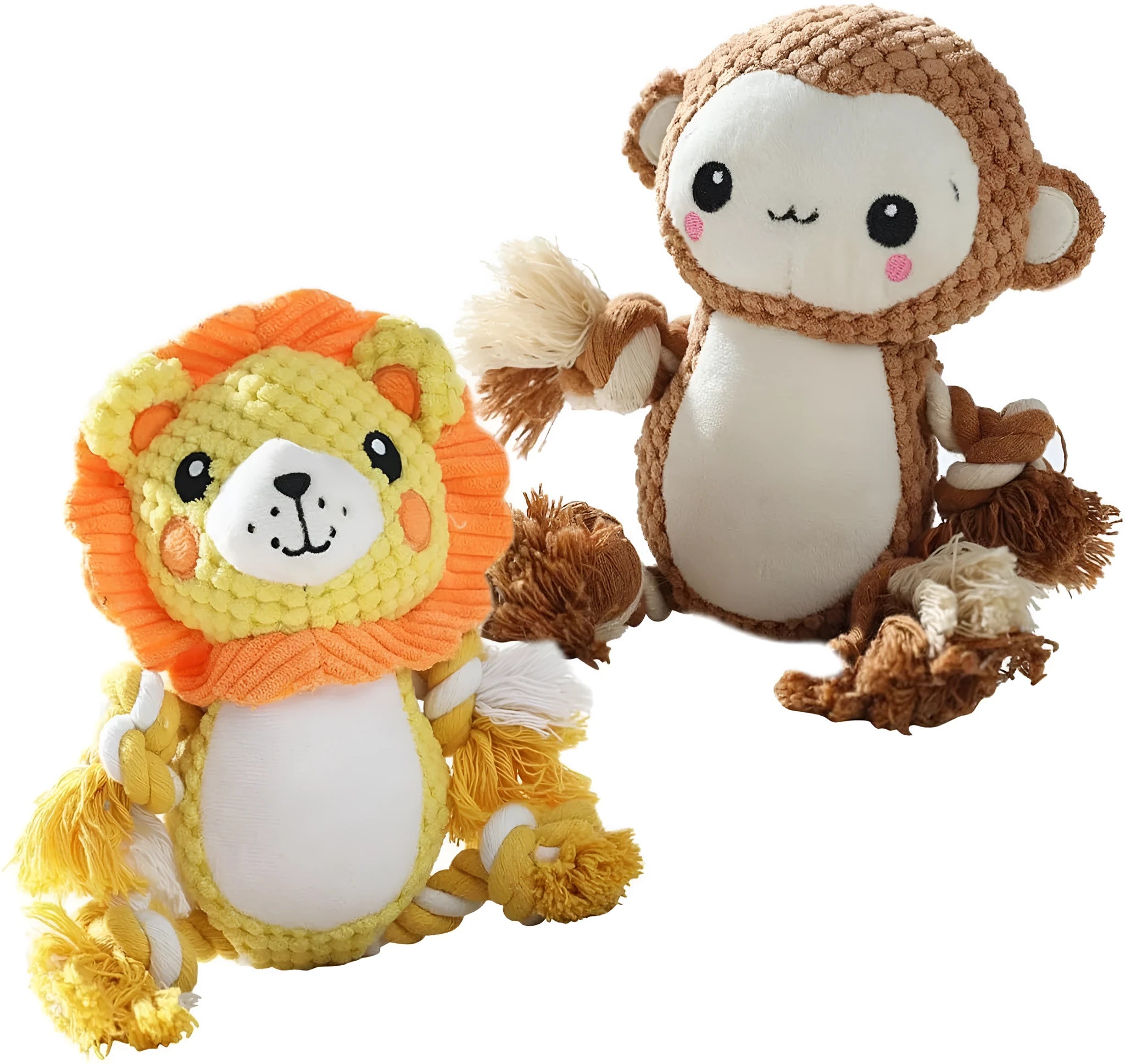 Lion and monkey plush squeaky dog toys showing size comparison