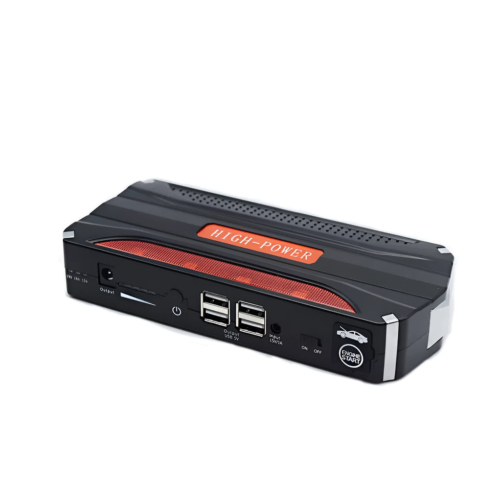 Black and red portable vehicle jump starter power bank with battery clamps.