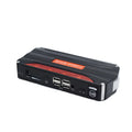 Black and red portable vehicle jump starter power bank with battery clamps.