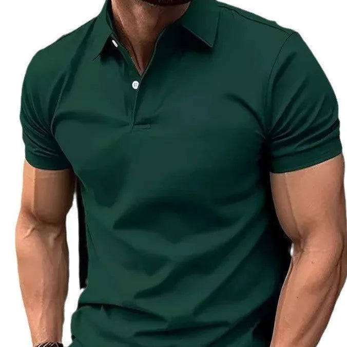 A man's solid colour casual short sleeve shirt in a slim fit style on a hanger.