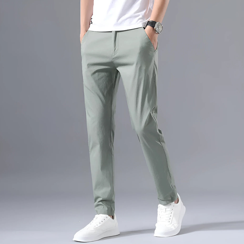 Men's straight-leg summer trousers in Light Grey, mid-waist cotton ice silk casual pants