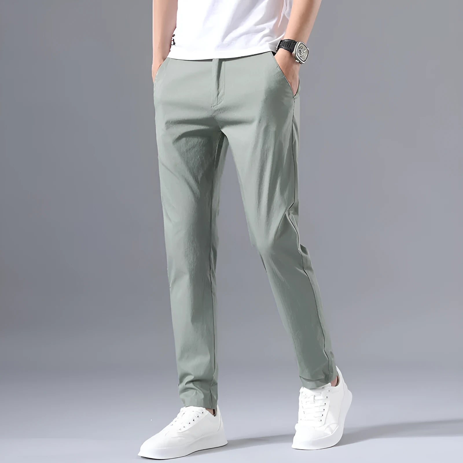 Men's straight-leg summer trousers in Light Grey, mid-waist cotton ice silk casual pants