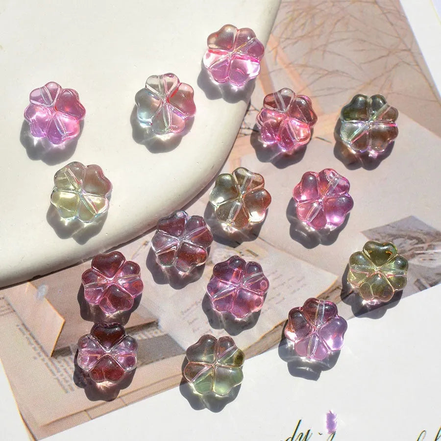 10mm gradient colour crystal glass beads in four-leaf clover shape with transparent iridescent electroplated finish