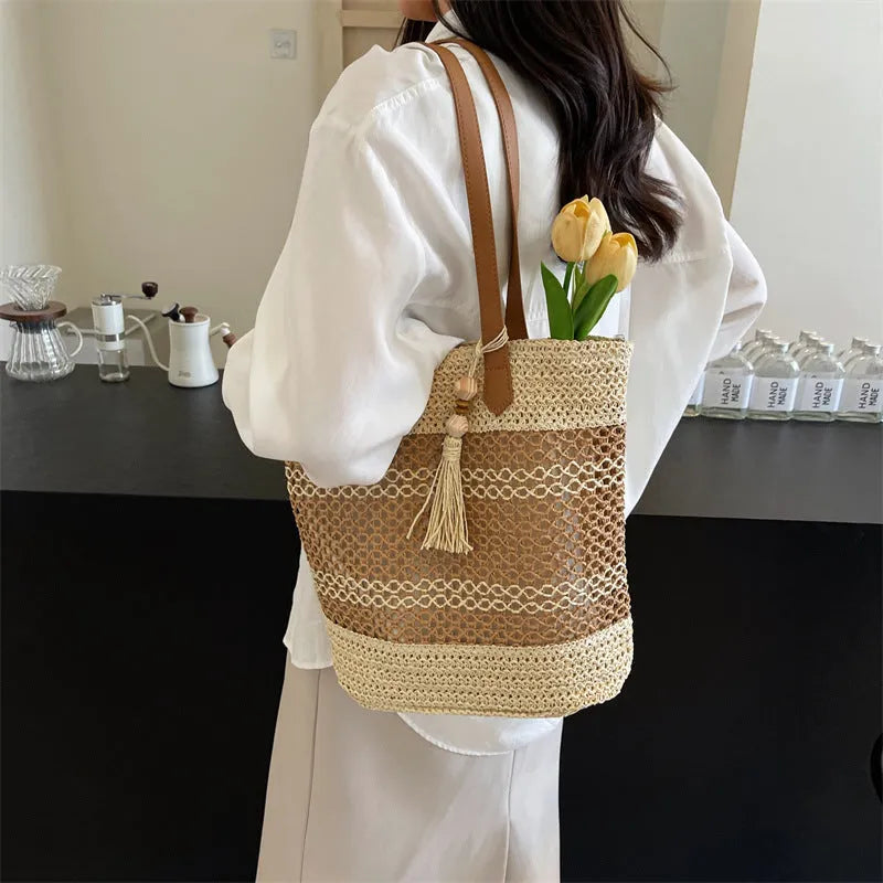 Straw shoulder bag with tassel pendant, horizontal square shape, double straps, Brown or Milky White