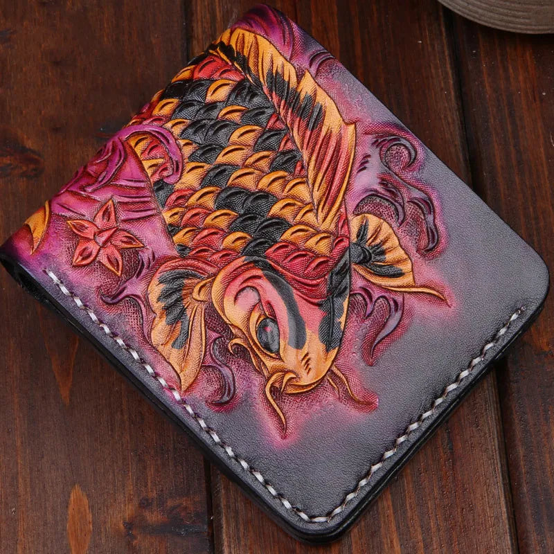 Hand-carved genuine cow leather men's short wallet in red, showing compact 10x12cm size and open bifold design.