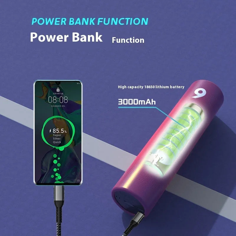 Relay baton Bluetooth audio power bank in gray, green, red, and yellow with USB and waterproof design