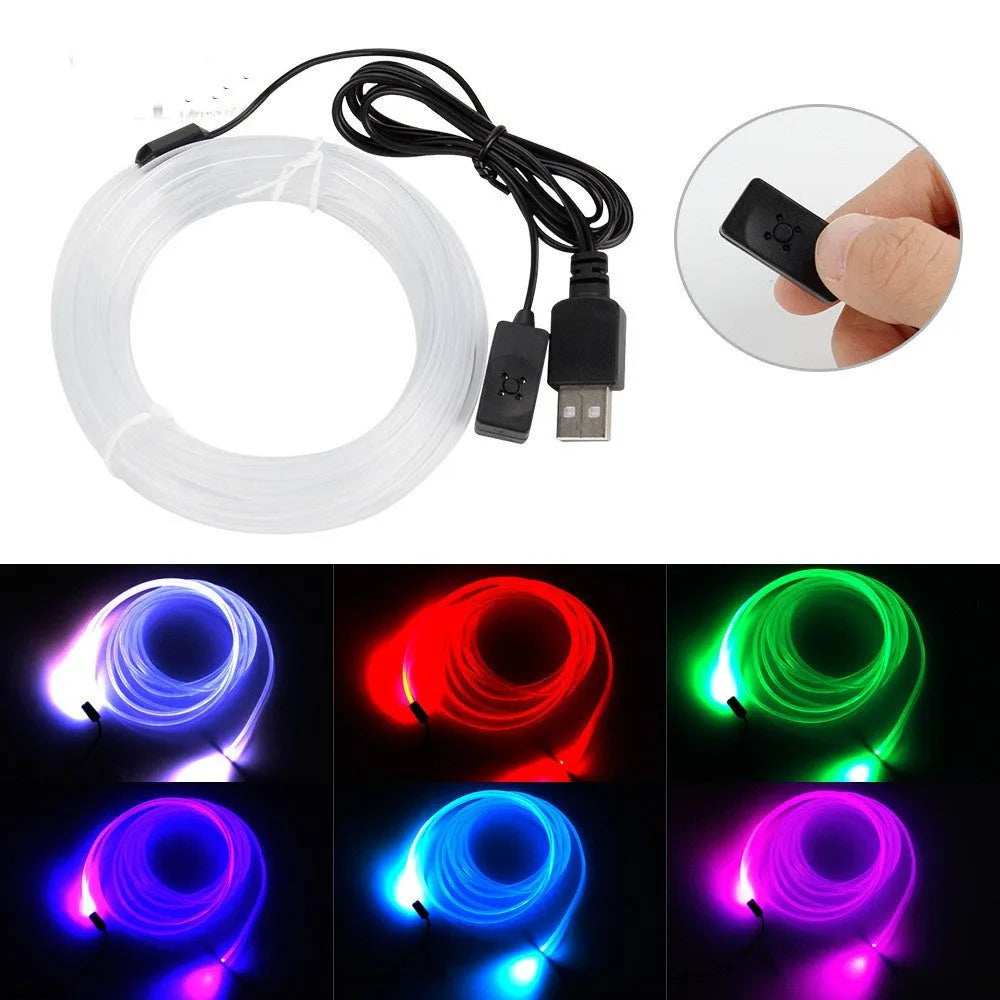 Colourful USB car EL ambient lighting strip in PVC material showing flexible installation options