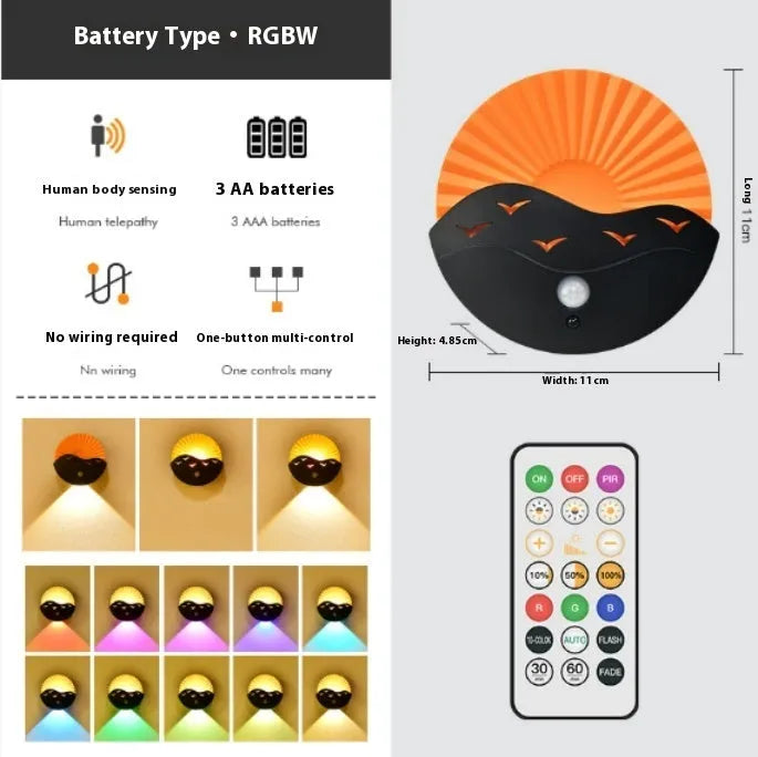 Remote control small night lamp with sunrise sea scene, rechargeable battery, 110x48.5mm, on a bedside table