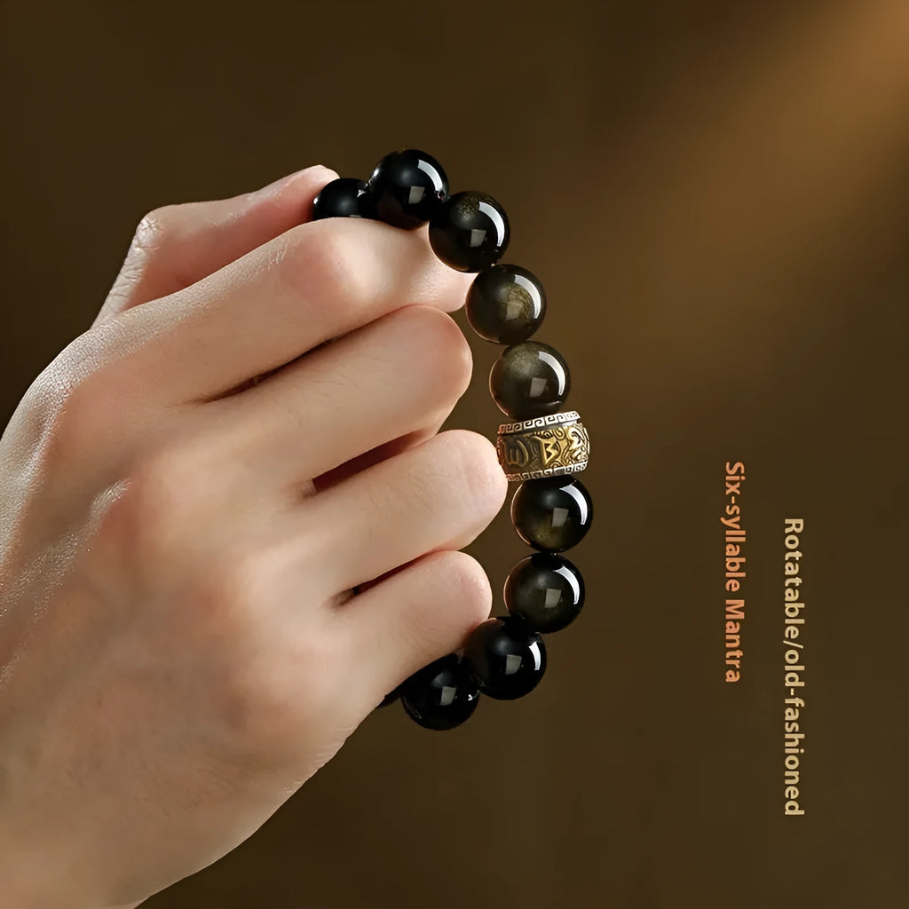 Carved cinnabar beads bracelet with Jinniu bull zodiac design in gold or silver finish