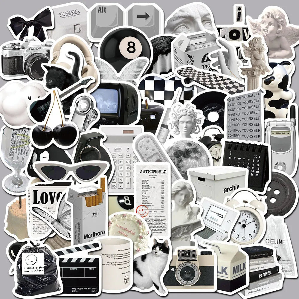 Set of 61 black and white simple style waterproof PVC vinyl stickers for laptops and phones.