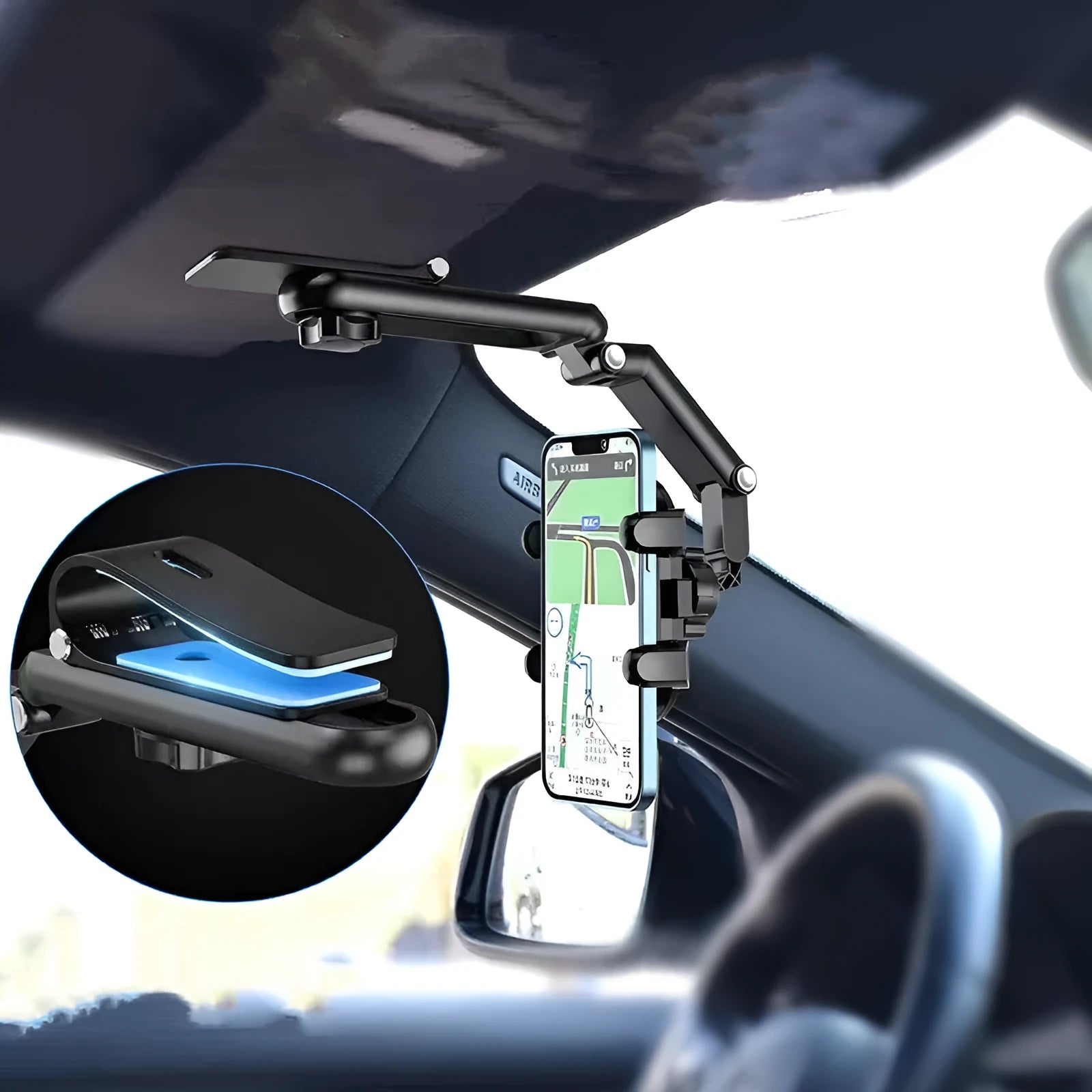 Black buckle-mount car sun visor attached to a vehicle's rear seat sun visor area.