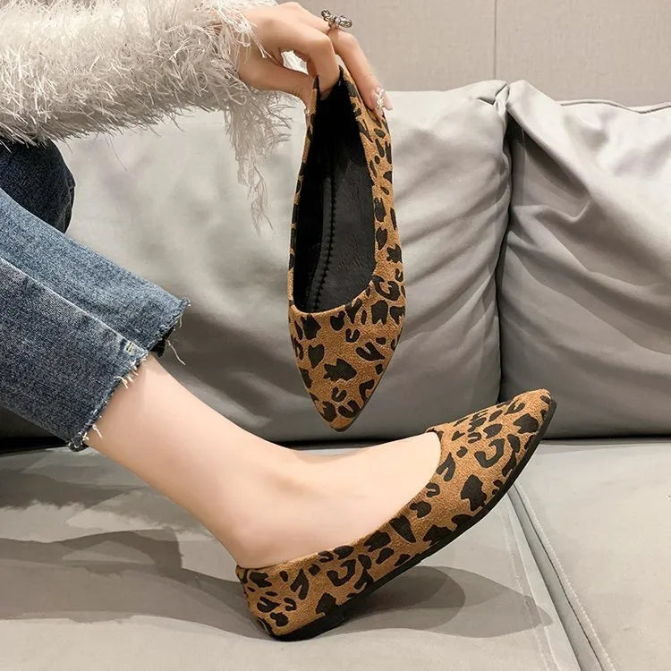 Women's flat pump shoes with a pointed toe in leopard print, beige, and black colour options on a white background.