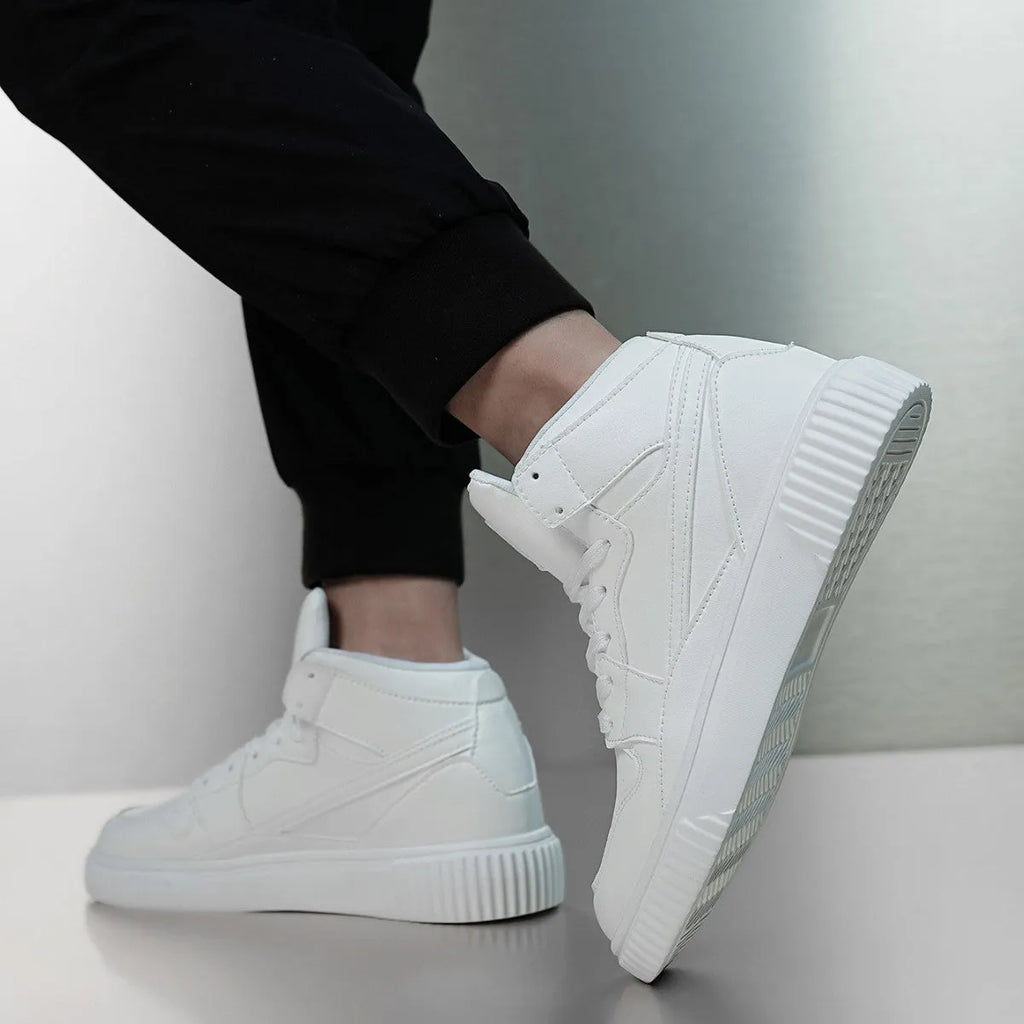Men's solid white casual shoe with a round toe and smooth microfiber upper.