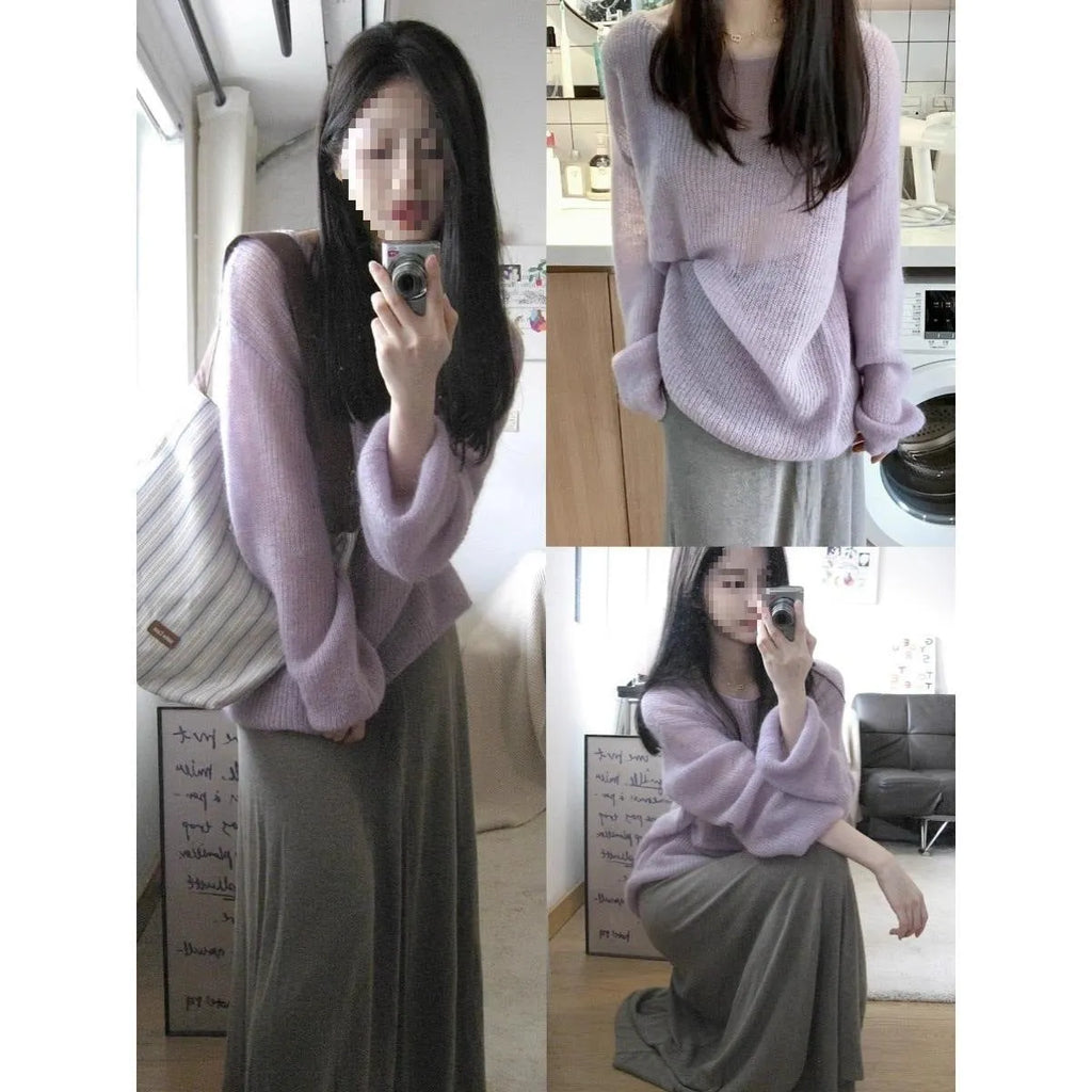 Purple women's sleeveless sweater with hollow-out design and shoulder strap detail.