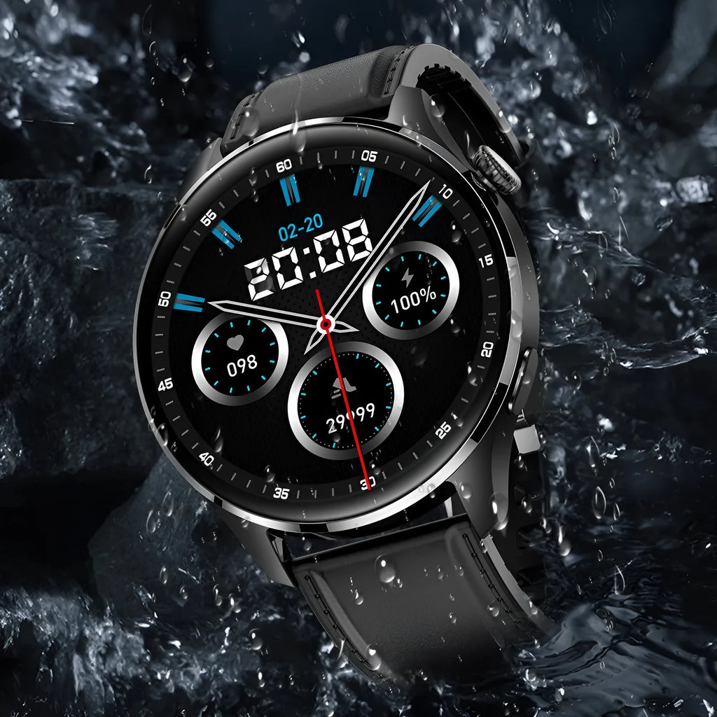 Smart watch with round colour touchscreen on a black silicone strap, showing call interface.